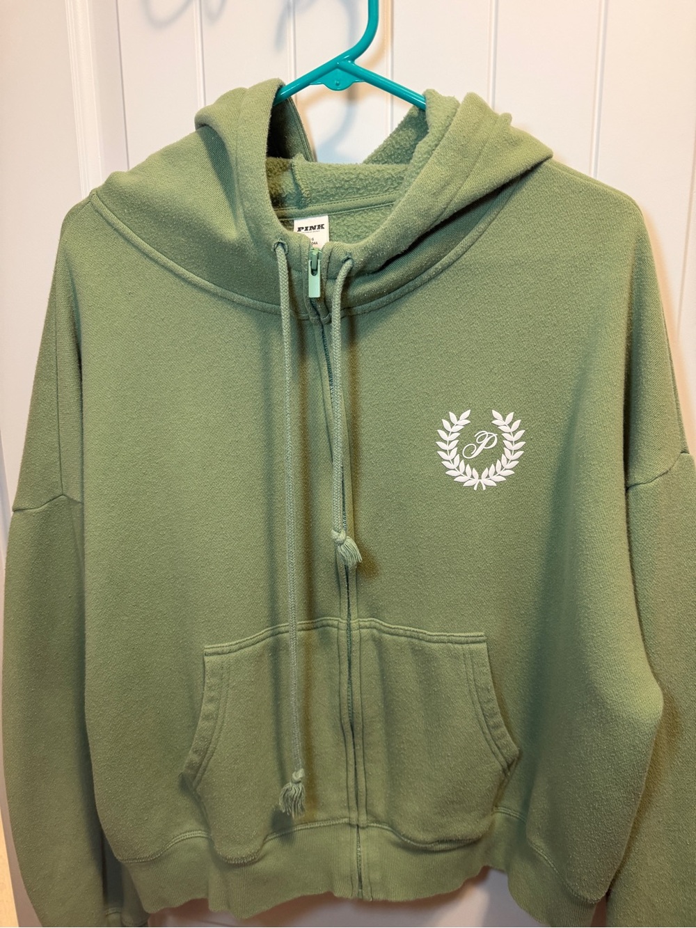 PINK Victoria's Secret Sage Green Zip-Up Hoodie with Laurel Crest